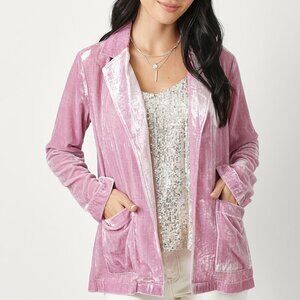 MYSTREE Pink Velvet Blazer, Soft Crushed Velvet Open Front Jacket, Luxe Party